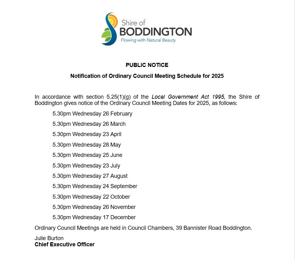 Public Notice: Notification of Ordinary Council Meeting Schedule for 2025